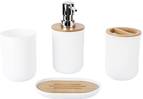 Set Accessori Bagno 4 Pezzi in Plastica Effetto Legno Bianco, Portaspazzolino Portasapone Dispenser Sapone e Tazza, Kit Portaoggetti Compatto per Bagno Casa Moderno