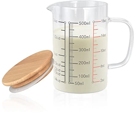 Hapivida 500ml Vaso de Vidrio para Hornear, Taza medidora de Vidrio con Tapa, Jarras medidoras Transparentes Resistentes al Calor, Jarra para Hornear Resistente a la Temperatura