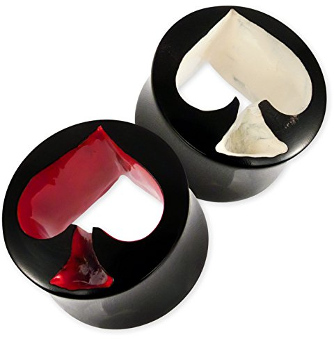 Fly Style Horn Ohr Tunnel - Flesh Plug - Ace of Spades Ohr Piercings - Pik Poker - Ohrschmuck für Gedehnte Ohrlöcher, Grösse:16 mm (Paar), Farbwahl:rot
