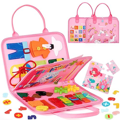 hahaland Busy Board Montessori Spielzeug 15 Aktivitäten ab 3 Jahre,Rosa | Motorikspielzeug als Activity Board und Busy Book, Reisespielzeug für Unterwegs, Autofahrt & Flugzeug, Geschenk für Mädchen