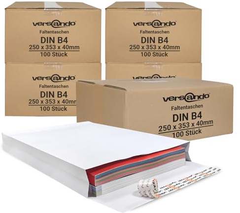 versando 500x B4 Faltentaschen 4cm Falte ohne Fenster (250x353x40 mm) | Versandtaschen Bodenfalte haftklebend weiß