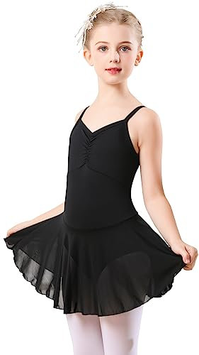 boruizhen Mädchen Ballettkleid Ärmellos mit Spaghetti-Trägern & Chiffon-Tütü, Kinder Ballettkleidung Ballettanzug Tanzkleid aus Atmungsaktivem Stoff für 6-8 Jahre Schwarz