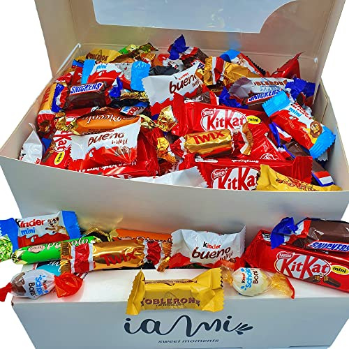 Assortiment de 100 Boîte de Chocolats Gourmets MINI I Versions Miniatures de Twix, Mars, Snickers, Kit Kat, Toblerone, Kinder Bueno, Kinder Chocolate, Shochobons, Huesitos. [IAMI]