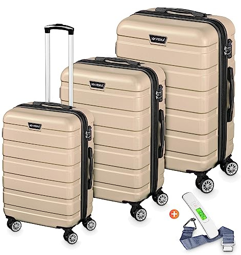 VESKA 3tlg. Hartschalenkofferset Hard Shell Reisekoffer Kofferset Trolley Koffer Hartschalenkoffer Reisekofferset Rollkoffer TSA Zahlenschloss 4 Rollen ABS-Hartschale M-L-XL (Champagner)