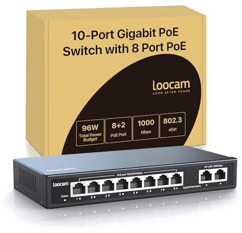 Loocam 8-Port Gigabit PoE Switch, 8 PoE+ Ports, 96W, Plug & Play | Unmanaged Gigabit Ethernet, IEEE802.3af/at, 1000 Mbps, 2 Uplink Ports, Metallgehäuse, Tisch- oder Wandmontage, lüfterlos