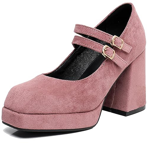 Onewus Dressy Women Marry Jane Shoes with Thick Platform and High Block Heels Pink