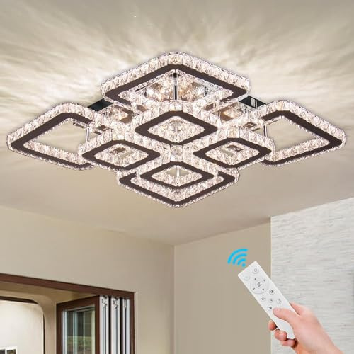 FRIXCHUR 20 Dimmable Crystal Chandelier Square Crystal Flush Mount Ceiling Light 8 Lights Led Crystal Ceiling Pendant Light Led Chandeliers for Bedroom Dining Room Bedroom