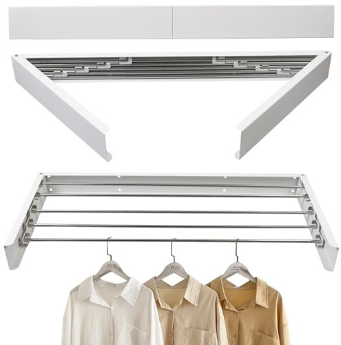 MaxEarn 100cm Wall Mounted Drying Rack, Stainless Steel Foldable Clothes Drying Rack, Indoor & Outdoor Space Saver Washing Line Clothes Dryer, White Retractable Laundry Clothes Airer, 50 Kg Capacity
