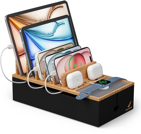 Pezin&Hulin Bamboo Cable Management Box, Charging station, Natural+Black | Wire Organizers for Cords, Desktop Dock Organizer Rack for Electronic Device (No Power Adapter)