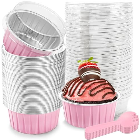 NPLUX 5 OZ Mini Loaf Pans with Lids Mini Cake Pans Baking Cups Disposable Ramekin for Cupake Pudding Party Wedding Birthday Mothers Day Party Favors(50 Pack, Pink)