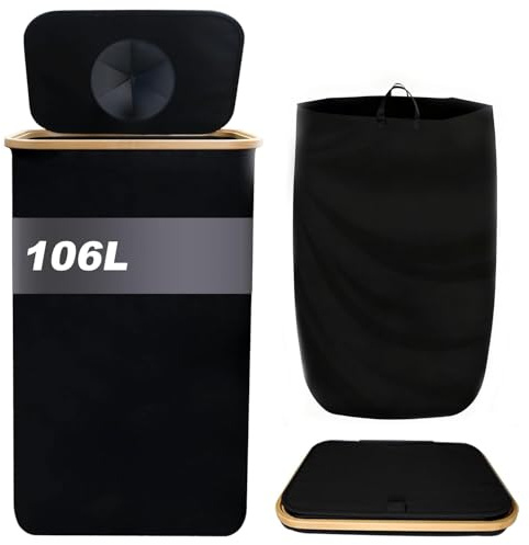 guofa Wäschekorb mit Deckel, 106L Wäschesammler Schmal mit Wäschesack Groß Faltbarer Wäschesortierer Holz Bambus Wäschetruhe Hoch Laundry Baskets-Schwarz
