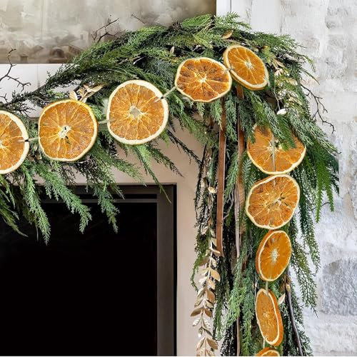 Moguri Guirnalda de Navidad de 3 metros con rodajas de naranja secas, guirnalda de abeto realista para decoración navideña, puerta, chimenea, ventana y mesa, decoraciones navideñas para decoración