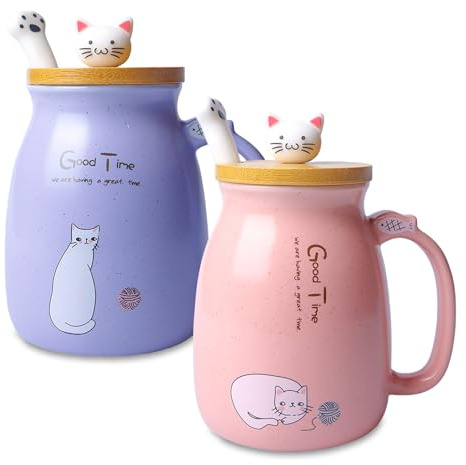 SUNOYA 2er-Pack Katzentasse Keramik, Süße Kaffeetasse, 380ml Morgen Cup, mit Lovely Kitty Decke, Löffel, Spülmaschinenfest