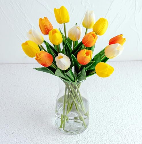 Yorkmills Yellow Tulips Artificial Flowers with Vase, 15 Pcs Faux Tulip Stems in Vase, Real Feel PU Flowers Arrangement Suitable for Kitchen Living Office Spring Decor, Centerpiece Table Decorations