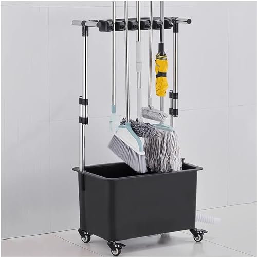 Mop Holder,Broom and Mop Holder, Stainless Steel Mop Rack, Movable Closet Storage Cabinet Janitor Carts On Wheels, Cleaning Supplies Organizer (Color : Black, Size : 60x24x(93-124) cm) (Blac