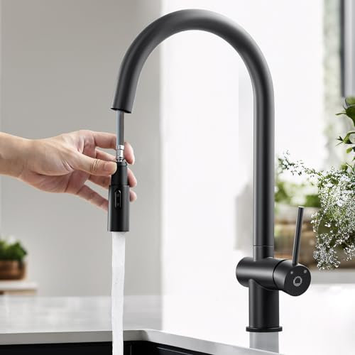 CECIPA Küchenarmatur Schwarz Ausziehbar, Wasserhahn Küche 2 Strahlarten, Spültischarmatur Hochdruck 360° Drehbar, Edelstahl Mischbatterie mit Brause, Armatur Küche Schwarz