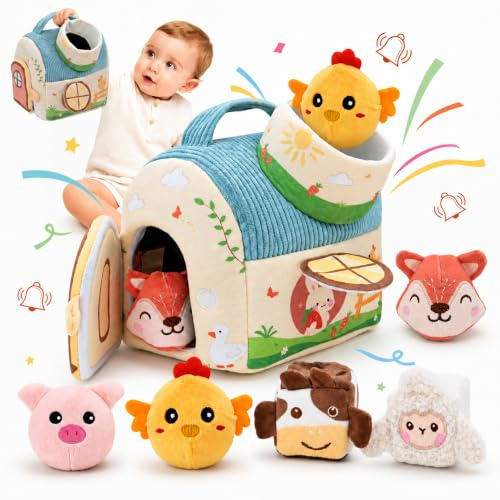 FLEXTRIX Baby Spielzeug 6-12 Monate, Bauernhof Montessori Sensorikspielzeug mit Bauernhoftierem, Scheune, Rassel& Spiegel - Kinder Motorikspielzeug 1-3 Jahre, Weihnachts- und Ostergeschenk
