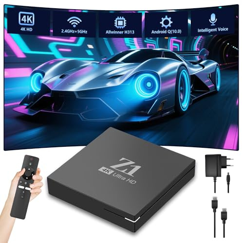 Z1 Android TV Box Android Q 10.0,WiFi 2,4 GHz + 5 GHz e interfaccia RJ45 adattiva,Android Box con supporto 4K HDR,doppia porta USB 2.0,telecomando vocale intelligente,interazione multischermo