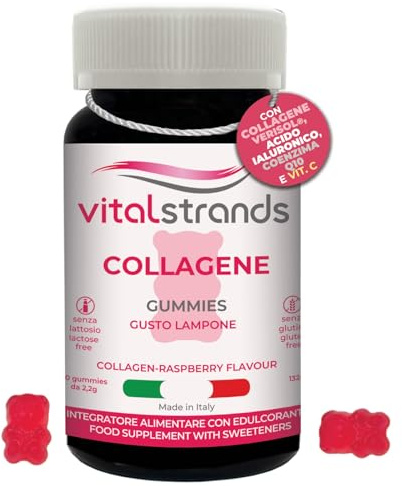 VITALSTRANDS | Collagene e Acido Ialuronico, Vitamina C e Coenzima Q10 Integratore ad alto dosaggio | 2500 mg di Peptidi di Collagene idrolizzato Verisol | 60 Orsetti Gommosi al Gusto Lampone