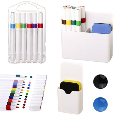 FITNISBRO Magnetischer Stifthalter für Whiteboard, 18 Stück Zubehör Set mit 2 magnetischen Stifthaltern, 12 Marker, Schwamm & Magnetknöpfe für Schule, Büro, Kühlschrank