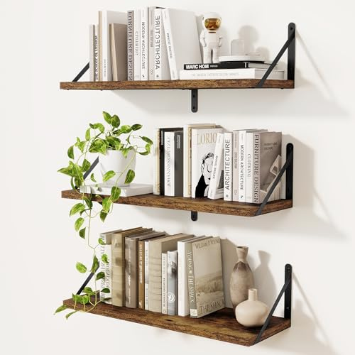 Feihorrm 3er Set Bücherregal, Wandregal Rustikal Braun, Regal 60cm Breit | Wandregal Holz, Bücherregal Wand, Regale für Wände, Bücherregal Holz für Wohnzimmer, Schlafzimmer & Arbeitszimmer