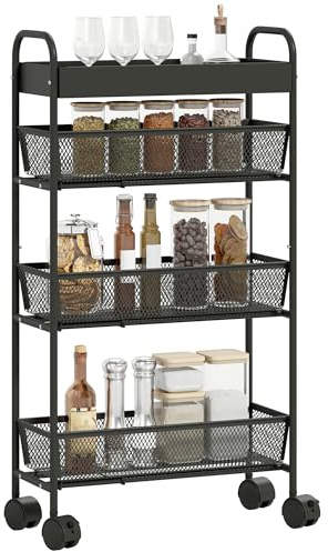 HOMCOM Chariot de Rangement à 4 Niveaux à roulettes 19 x 43,2 x 80 cm Noir