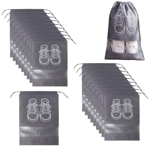 20 Piezas Bolsa Zapatos Viaje, 44x32cm Bolsas Zapatillas con Cordón y Ranura Transparente, No Tejida Portátil Bolsos de Hombres y Mujeres de Almacenamiento