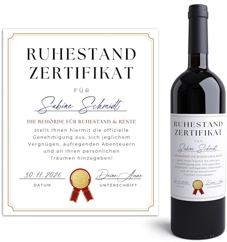 Renteneintritt Geschenk Ruhestand Zertifikat personalisiert Rentner Geschenk Rente Flaschenetiketten Weinflaschenetiketten selbstklebend 2 Stk. | 10x12 cm