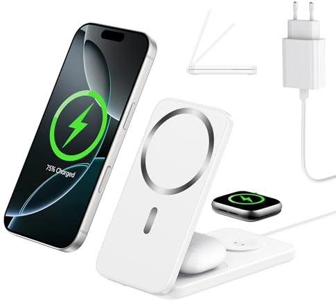 XNYAND 3 in 1 Ladestation kompatibel MagSafe, Induktionsladegerät 15W für iPhone 17/16/15/14/13/12, Apple Watch & AirPods, Faltbares Magnetisches Ladegerät Ladestation Apple Watch und iPhone (Weiß)
