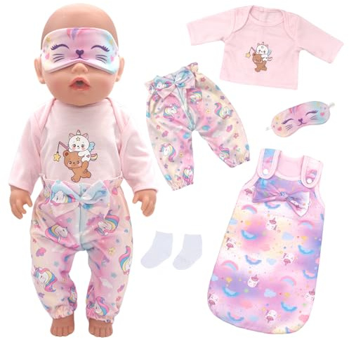 Rosa Pony Puppenkleidung mit Rosa Top, Schleife Hose, Schlafsack, Augenklappe, Socken, Puppenpyjama Kleidung für Mädchen Jungen Puppen, Puppenkleidung 36cm 38cm 43cm Geschenk Kinder