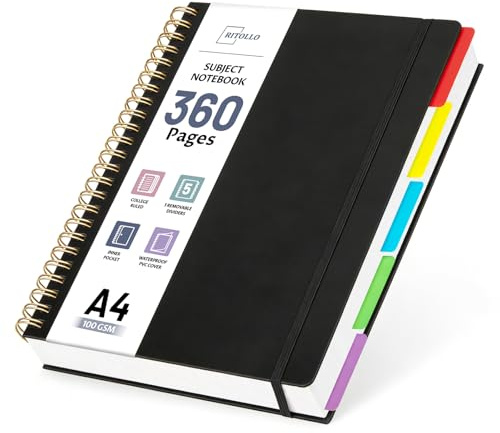 RITOLLO 360 Seiten A4 Spiralnotizbuch mit 5 Fächern, liniert im College-Stil, 100 GSM dickes Papier, großes Notizbuch mit herausnehmbaren Trennblättern für Schule, Büro, Studium und Arbeiten
