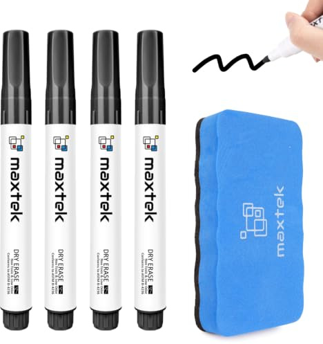 maxtek Whiteboard Marker Mit Magnetisch Schwamm, 4 Schwarz White Board Stifte Abwischbar Rundspitze 2 mm Linien, Folienstift Abwischbar für Schule, Büro, Zuhause, 4 Stück