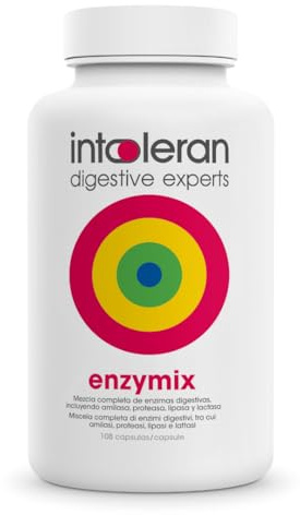 Intoleran Enzymix Enzimas Digestivas - 108 cápsulas | Favorece la digestión de grasas, proteínas, carbohidratos y lactosa, puro, vegano y sin gluten