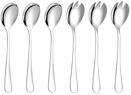 6PCS Couverts À Salade, set cuillère et fourchette à salade inox poli miroir, ustensiles de service pour cuisine, table, repas, buffet, usage quotidien