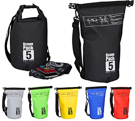 Relaxdays Ocean Pack, 5L, wasserdicht, Packsack, leichter Dry Bag, Trockentasche, Segeln, Ski, Snowboarden, schwarz, 38 cm