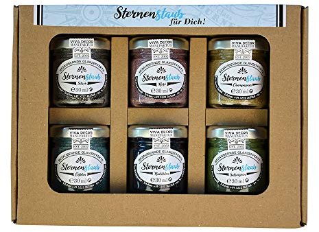 Viva Decor Sternenstaub Glanzeffekte 6er-Set Glitterfarbe 30ml für Papiermaché Pappe Karton Glänzend mit Pinsel Schwamm Stupfpinsel Wasserbasis Made in Germany Ganzjährig