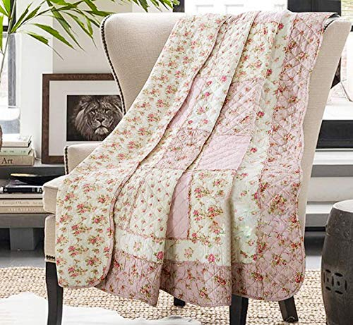 Cozyholy Original 100% Baumwolle Patchwork Quilt Full Queen Size Pink Floral Tagesdecke Coverlet Reversible Vintage Shabby Chic Quilted Throw Blanket Bed Quilt Cover for Couch Sofa