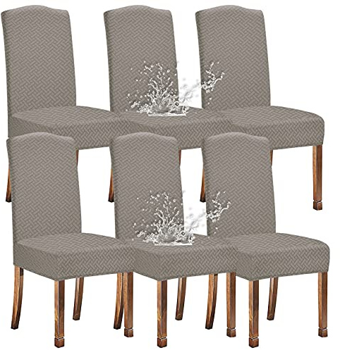 KELUINA Stretch wasserdichte Jacquard mit langem Gitter Esszimmer Stuhlhussen Home Decor, Stuhlhussen für Esszimmerstühle(Taupe,6 Stück)