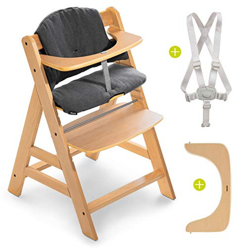 hauck Hochstuhl Alpha+ - Mitwachsender Holz-Kinderhochstuhl, höhenverstellbar, mit Sitzkissen, Schutzbügel & Gurt ab 6 Monaten - Natur