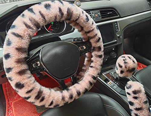 Winter Warm Fluffy Furry Fuzzy Auto Lenkradhüllen,Universal Verdickung Kunstpelz Plüsch Auto Lenkabdeckungen+Schalthebelabdeckungen+Handbremsabdeckungen -3 Stück/Set (pink Leopard)