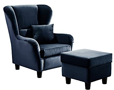 lifestyle4living - Moderner Ohrensessel mit Hocker – Große Auswahl an Stoffen und Farben - Gemütlicher Designer-Sessel im eleganten Landhaus-Stil, Samtblau