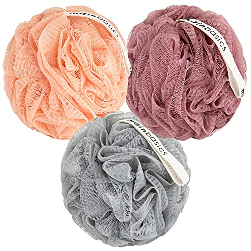 MainBasics Bath Shower Loofah Sponge Pouf Body Scrubber Exfoliator Body Wash Sponge (Set of 3, Coral Reef)