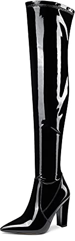 NobleOnly Femme Bottes Au-dessus du Genou Fermeture Eclair Bloc Talon 10CM High Heels Boots Noir Vernis Chaussures EU 45