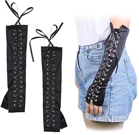 Ellenbogenlange fingerlose Spitzenhandschuhe aus Satin - Verstellbare Armstulpen für Cosplay, Halloween, Verkleidung, Themen, Kostümpartys - Steampunk Goth Style - Ideal für Frauen, Damen, Mädchen -