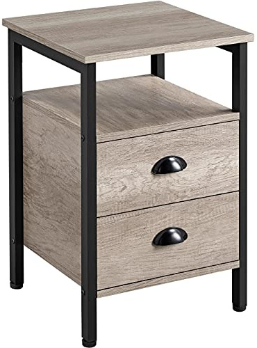 Yaheetech Nachttisch, Nachtkommode, Beistelltisch, Nachtschrank mit Schubladen und Ablage, rustikale Holzoptik, Akzentmöbel, Metallbeine, stabil, Industrie-Design, Grau