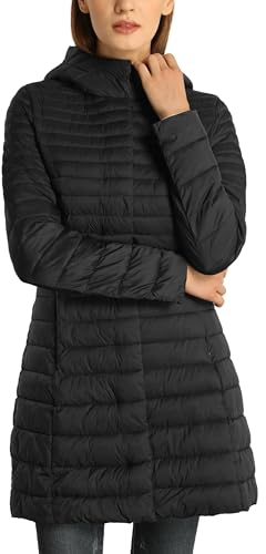 Giolshon Chaqueta Acolchada Ligera para Mujer con Capucha, Largo Abrigo de Relleno de Algodón Cálido de Invierno Slim Fit 320 Negro M