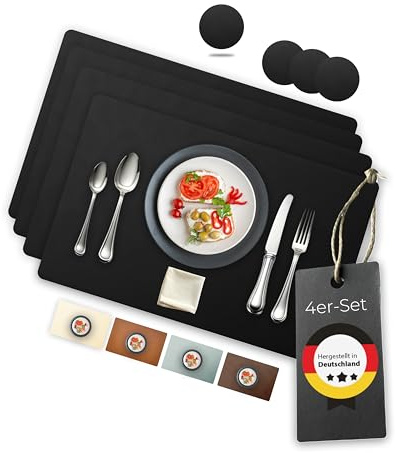 Lederfabrik Garnier® Tischsets Abwaschbar 4er-Set – Nachhaltig, Stabil & rutschfest – Hochwertiges recyceltes Leder, Made in Germany (Schwarz)