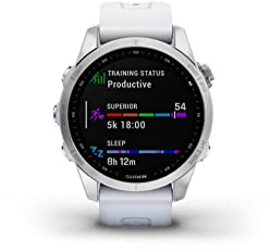 Garmin Fenix 7S, kleine Abenteuer-Smartwatch, robuste Outdoor-Uhr mit GPS, Touchscreen, Gesundheits- und Wellness-Funktionen, Silber mit Weißsteinband