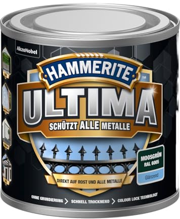 Hammerite Ultima Glänzend, Metallschutzlack, Hochwertiger Schutzlack für alle Metalle im Außenbereich, Moosgrün RAL6005, 250 ml