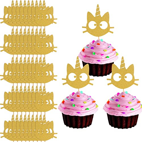 LeeLeeAn 48er Gold Glitter Katzengesicht Cupcake Topper - Gold Kitty Cat Cupcake Topper für Katzenparty, Baby Geburtstag, DIY Dekoration